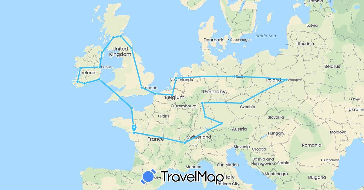 TravelMap itinerary: boat in Belgium, Switzerland, Czech Republic, Germany, France, United Kingdom, Ireland, Netherlands, Poland (Europe)